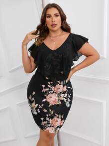 SHEIN Clasi Plus Floral Print Ruffle Trim Bodycon Dress