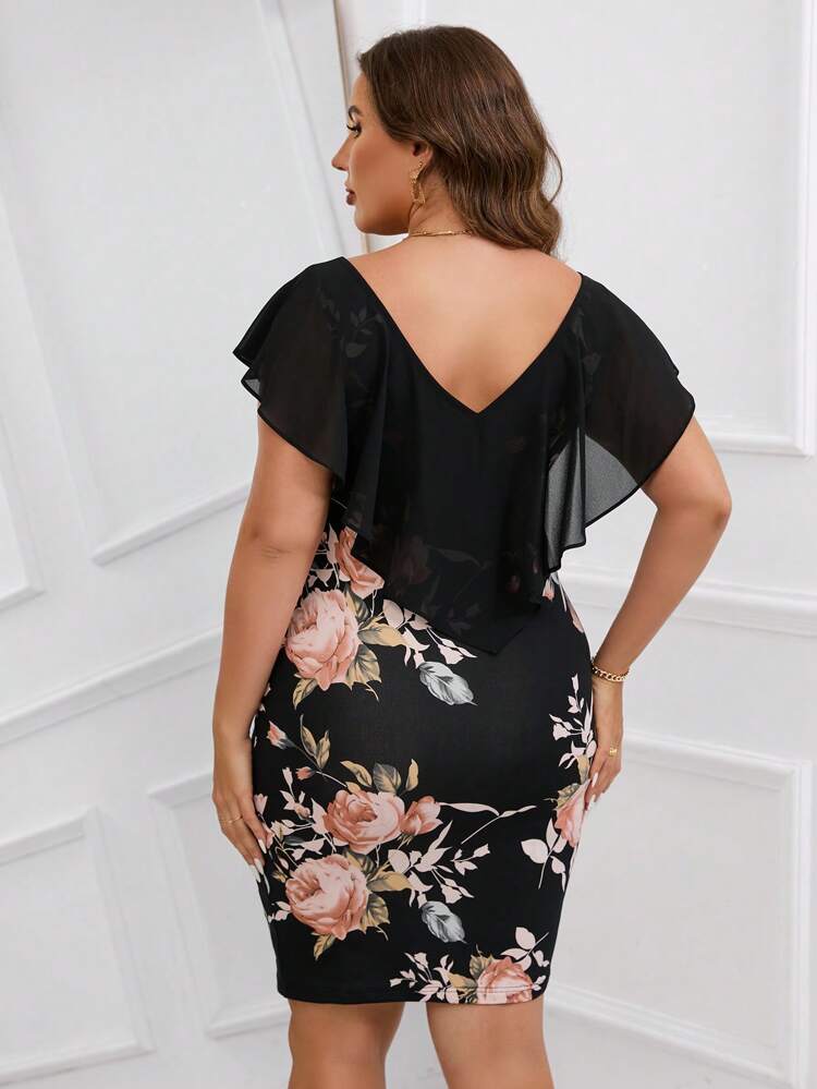 Plus Floral Print Ruffle Trim Bodycon Dress