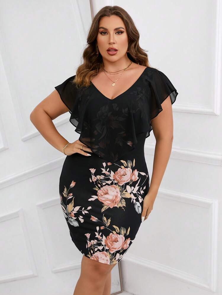 Plus Floral Print Ruffle Trim Bodycon Dress