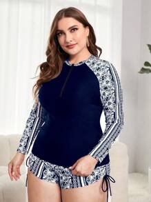 Plus Size Floral Print Zipper Front Rashguard Summer Beach - Navy Blue - View 4