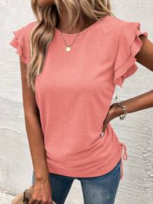 SHEIN LUNE 蝴蝶袖側抽繩荷葉邊T恤 - 粉色 - 查看 4