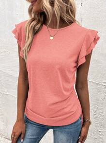 SHEIN LUNE 蝴蝶袖側抽繩荷葉邊T恤 - 粉色 - 查看 5