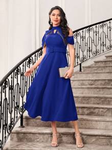 Modelyn Cold Shoulder Cut Out Belted Dress - Blue - View 2