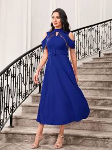 Modelyn Cold Shoulder Cut Out Belted Dress - Blue - View 4
