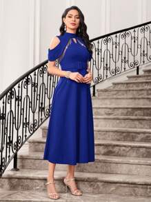 Modelyn Cold Shoulder Cut Out Belted Dress - Blue - View 7