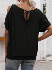 SHEIN LUNE Solid Cold Shoulder Batwing Sleeve Tee - Black - View 2
