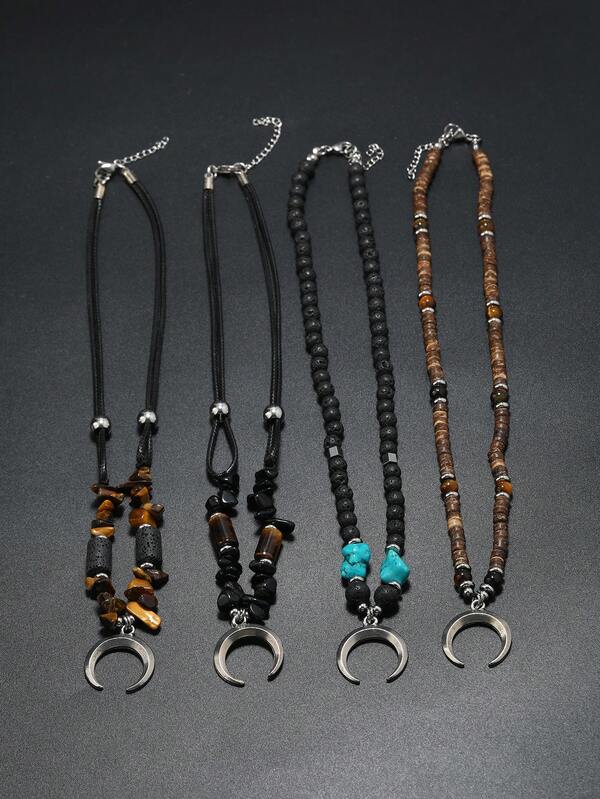 1pc Boho Moon Pendant Beaded Necklace For Men For Daily Decoration, For Jewelry Gift And Party