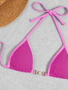 Swim Vcay Summer Beach Contrast Binding Halter Triangle Bikini Set - Hot Pink - View 4