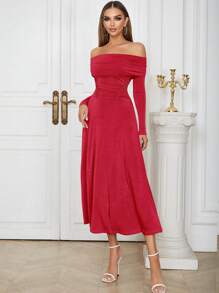 一字肩抽褶腰洋裝 - 紅色 - 查看 1