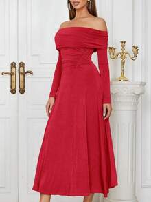 一字肩抽褶腰洋裝 - 紅色 - 查看 3