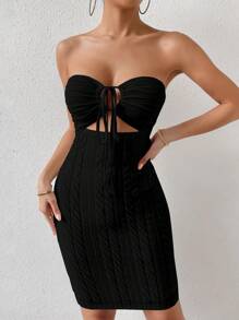 Chiquease Cut Out Knot Front Tube Bodycon Dress Mini Short Women Outfit - Black - View 4