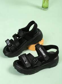 Women Casual Simple Chic Hook And Loop Strap Sandals Ladies Thick Bottom Hook Buckle Sandals, Fashion White, Black With Athletic Strap School Shoes, Beach Sandals