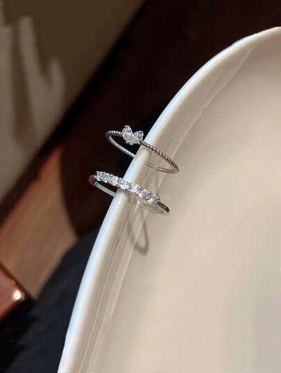 eTel LiKe 2入組/套魅力四射方晶鋯石裝飾戒指適合女士日常裝飾銅首飾類