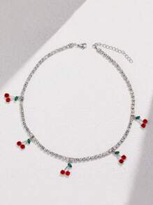 1入組魅力四射水鑽櫻桃吊墜項鍊適合女士適用於禮品 - 銀色 - 查看 1