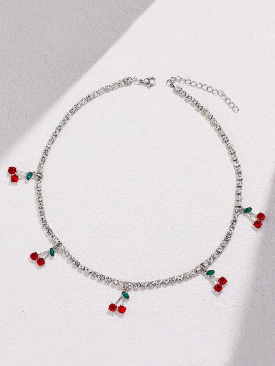 1入組魅力四射水鑽櫻桃吊墜項鍊適合女士適用於禮品 - 銀色 - 查看 1