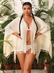 SHEIN VCAY Plus Tassel Trim Batwing Sleeve Kimono - Apricot - View 1