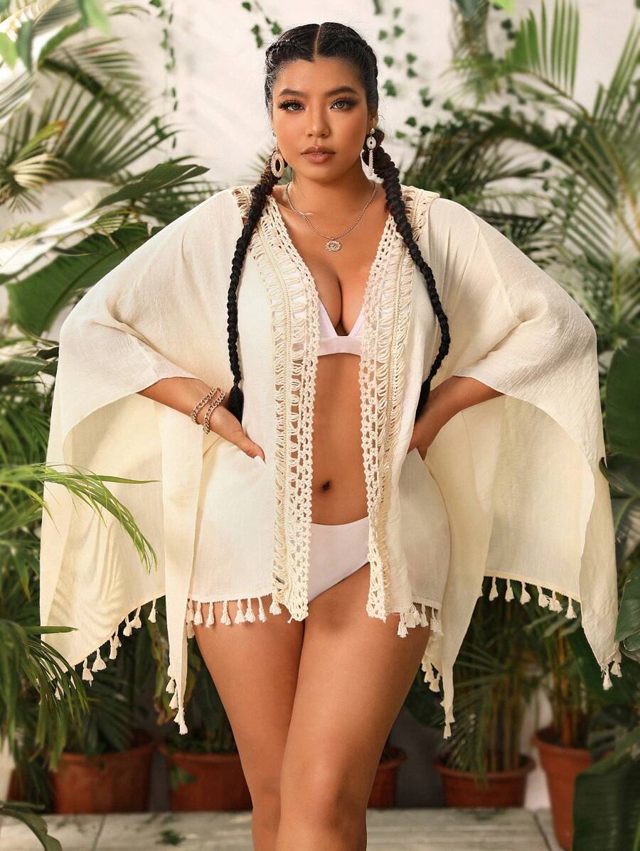 SHEIN VCAY Plus Tassel Trim Batwing Sleeve Kimono - Apricot - View 1