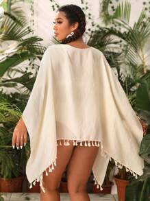 SHEIN VCAY Plus Tassel Trim Batwing Sleeve Kimono - Apricot - View 2