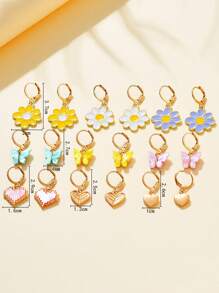 9對/套時尚可愛蝴蝶花心形多元素耳環套裝適合作為約會禮物送給女士女孩 - 彩色 - 查看 3