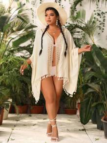 SHEIN VCAY Plus Tassel Trim Batwing Sleeve Kimono - Apricot - View 4