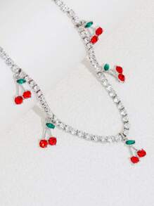 1入組魅力四射水鑽櫻桃吊墜項鍊適合女士適用於禮品 - 銀色 - 查看 3