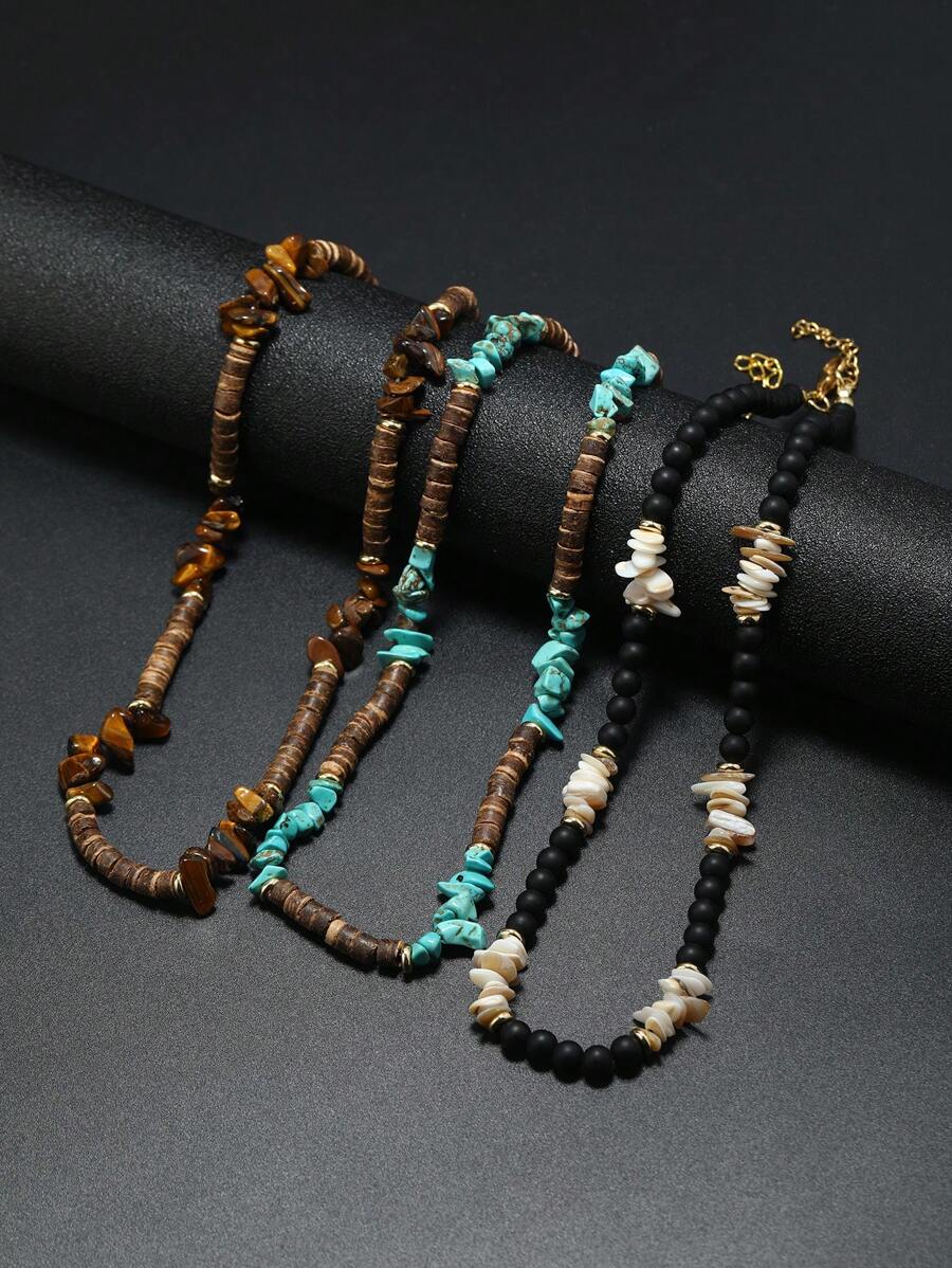 1入組波西m亞石頭串珠項鍊適合男士日常裝飾 - 咖啡 - 查看 1