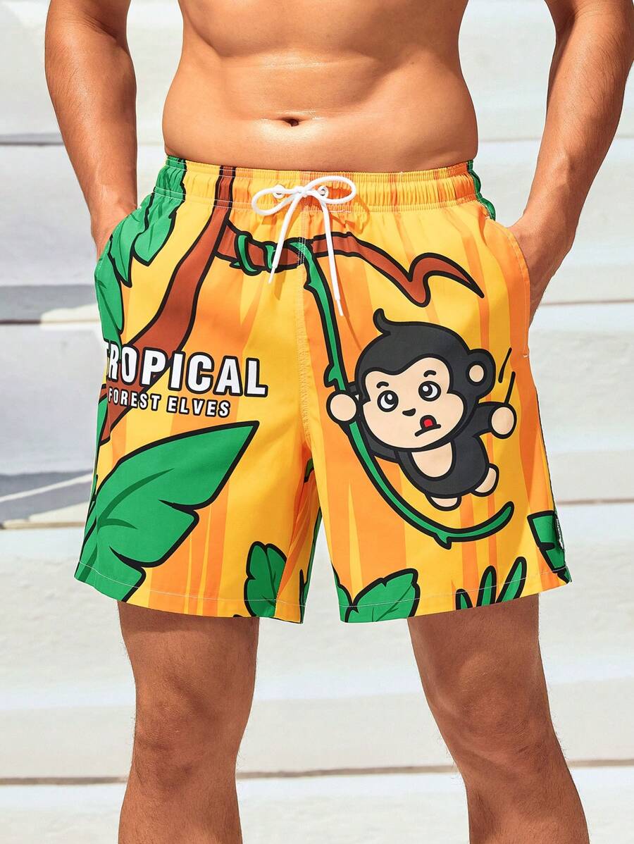Manfinity Swimmode Hombres Shorts de natación con estampado de dibujos animados de cintura con cordón - Amarillo - Ver 1