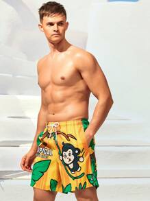 Manfinity Swimmode Hombres Shorts de natación con estampado de dibujos animados de cintura con cordón - Amarillo - Ver 4