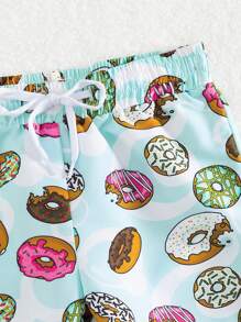 Young Boy 1pc Donut Print Drawstring Waist Swim Shorts