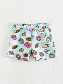 Young Boy 1pc Donut Print Drawstring Waist Swim Shorts