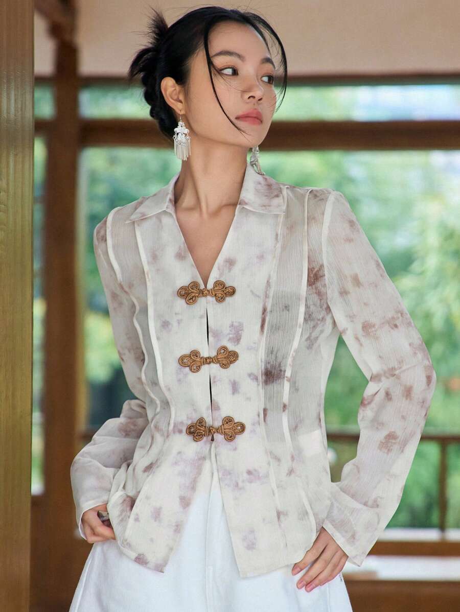 DAZY 水洗蟾蜍鈕扣前衛衣 - 卡其色 - 查看 1