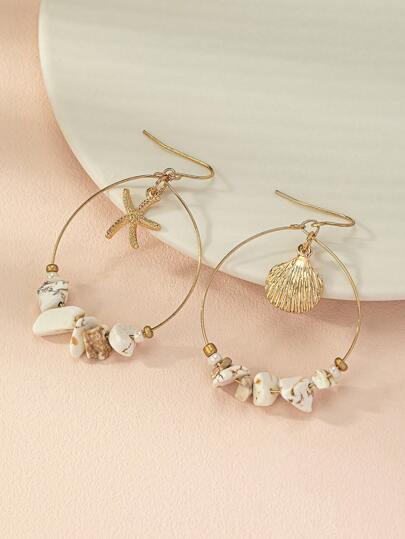 1 par de pendientes colgantes con piedras naturales y conchas marinas con estilo bohemio