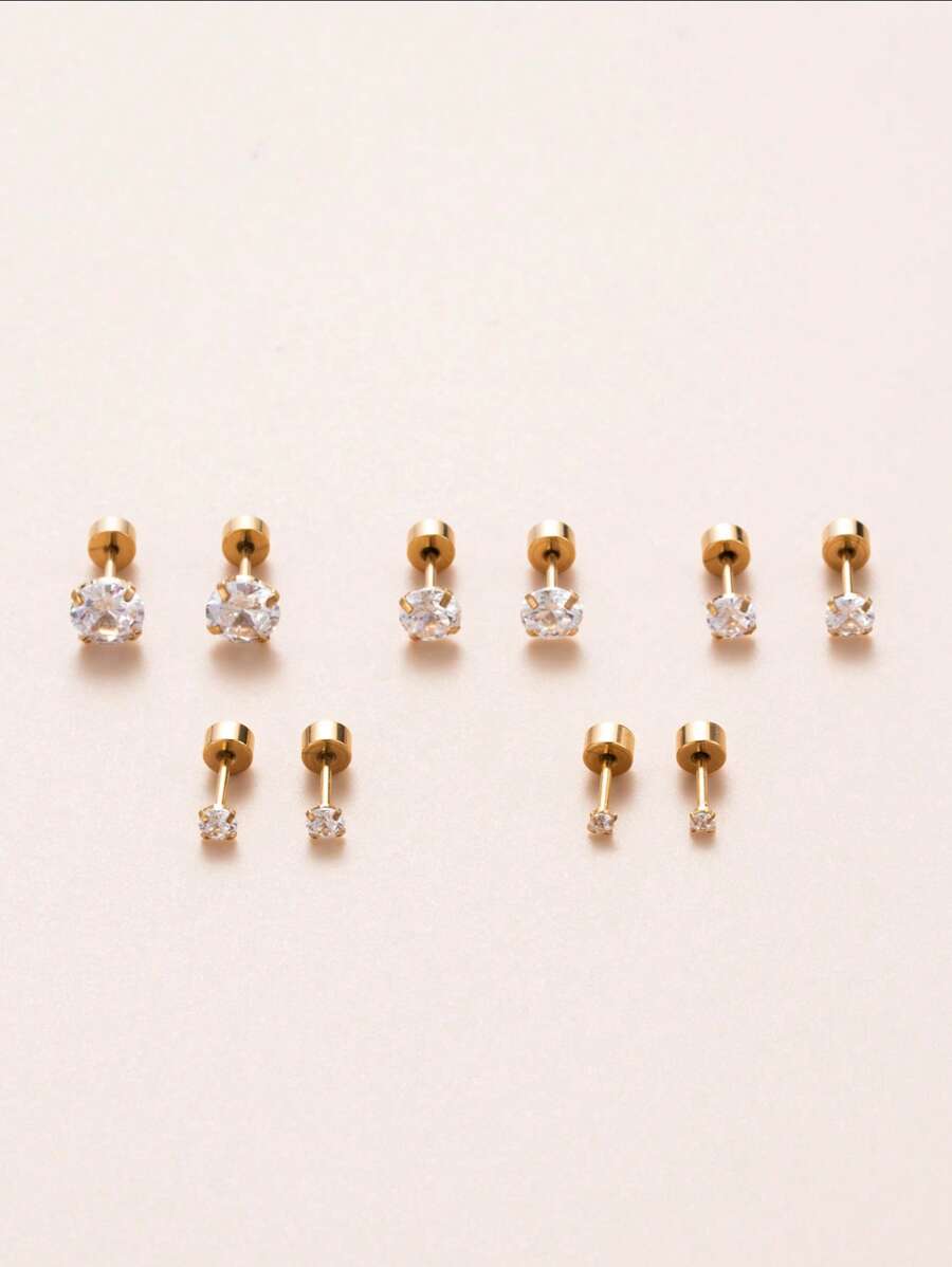 1對魅力四射不銹鋼方晶鋯石裝飾耳釘適合女士日常裝飾 - 金黃色 - 查看 1