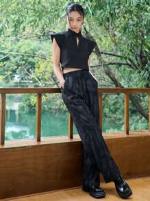 DAZY Solid Mandarin Collar Cap Sleeve Crop Top - Black - View 6