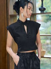 DAZY Solid Mandarin Collar Cap Sleeve Crop Top - Black - View 7