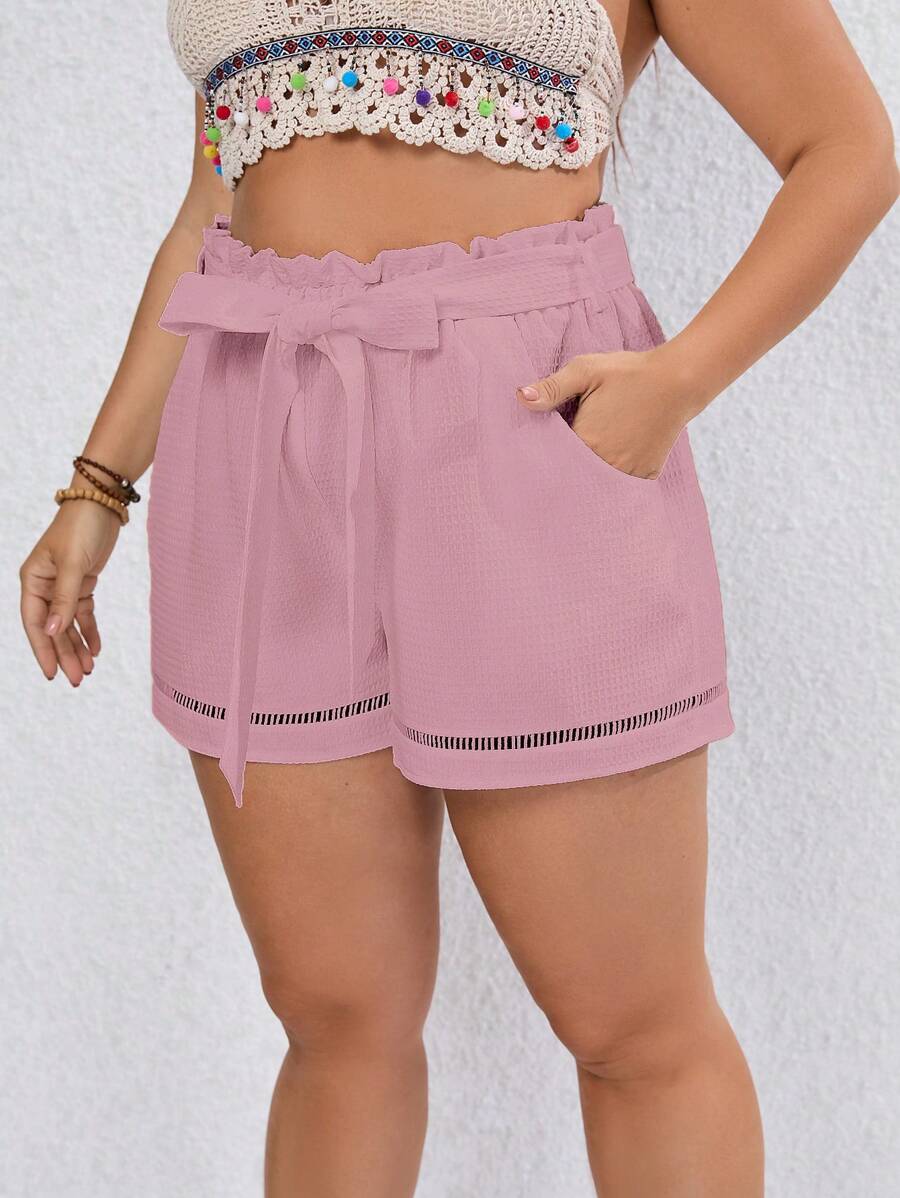 SHEIN VCAY 大碼紙袋腰附腰帶短褲 - 藕粉色 - 查看 1