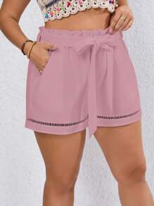 SHEIN VCAY 大碼紙袋腰附腰帶短褲 - 藕粉色 - 查看 4