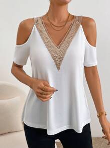SHEIN Clasi Áo thun nữ Tương phản ren màu trơn Giải trí - trắng - Xem 4