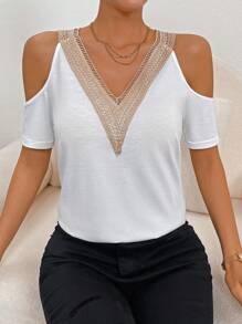 SHEIN Clasi Áo thun nữ Tương phản ren màu trơn Giải trí - trắng - Xem 6