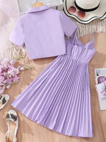 SHEIN 女孩青果領襯衫和百褶吊帶連衣裙 - 紫色 - 查看 2