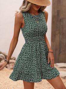 SHEIN Holidaya Đầm Viên lá sen Dải chun Họa tiết hoa Boho - Màu xanh lá cây đậm - Xem 6