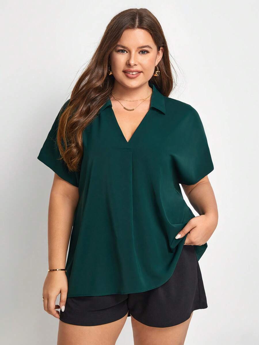 SHEIN Frenchy Plus Solid Batwing Sleeve Blouse - Dark Green - View 1