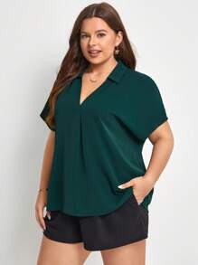 SHEIN Frenchy Plus Solid Batwing Sleeve Blouse - Dark Green - View 5