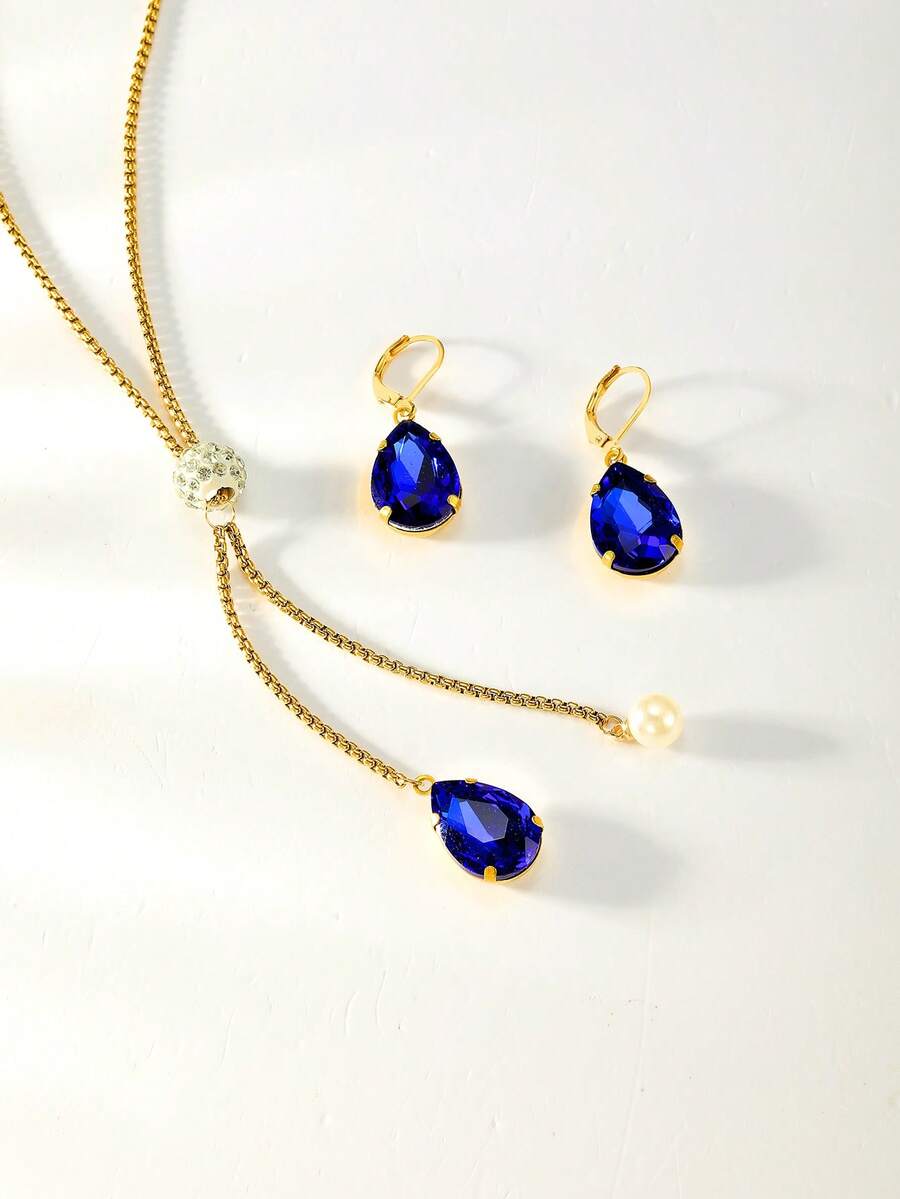 3入組流行復古女士耳環和項鍊套裝,簡單而優雅 - 彩色 - 查看 1