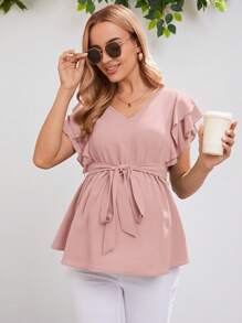 SHEIN 孕婦蝴蝶袖腰帶荷葉邊下擺襯衫