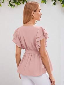 SHEIN 孕婦蝴蝶袖腰帶荷葉邊下擺襯衫