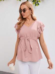 SHEIN 孕婦蝴蝶袖腰帶荷葉邊下擺襯衫