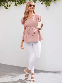 SHEIN 孕婦蝴蝶袖腰帶荷葉邊下擺襯衫