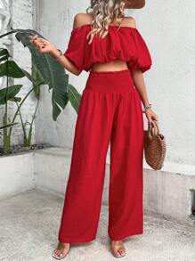 SHEIN VCAY 一字肩短款襯衫和闊腿褲 - 紅色 - 查看 3