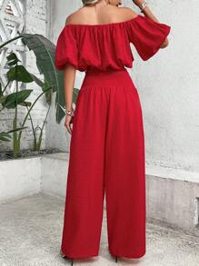 SHEIN VCAY 一字肩短款襯衫和闊腿褲 - 紅色 - 查看 2